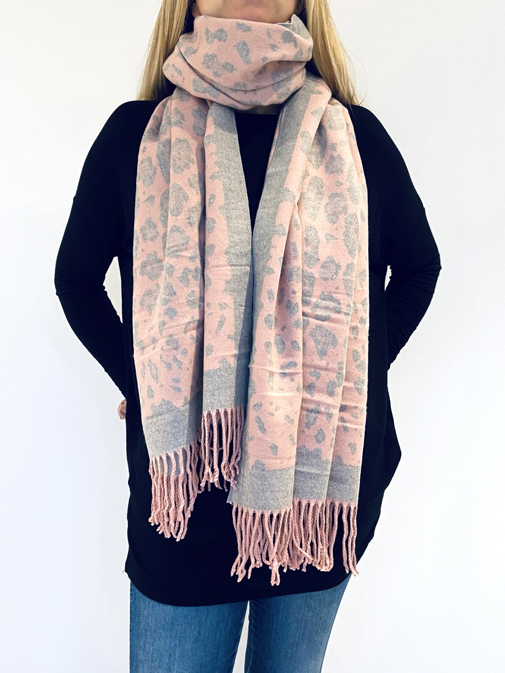 grey and pink leopard scarf