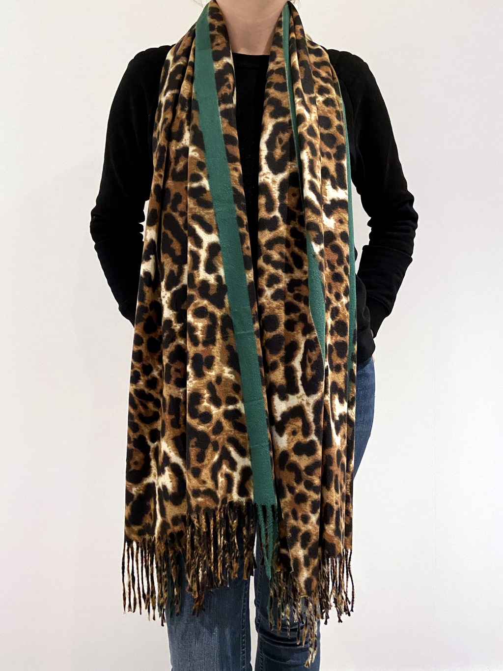 leopard print and green stripe scarf