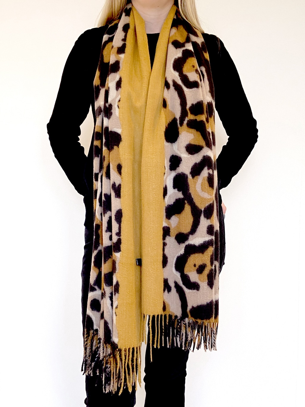 mustard and leopard print scarf
