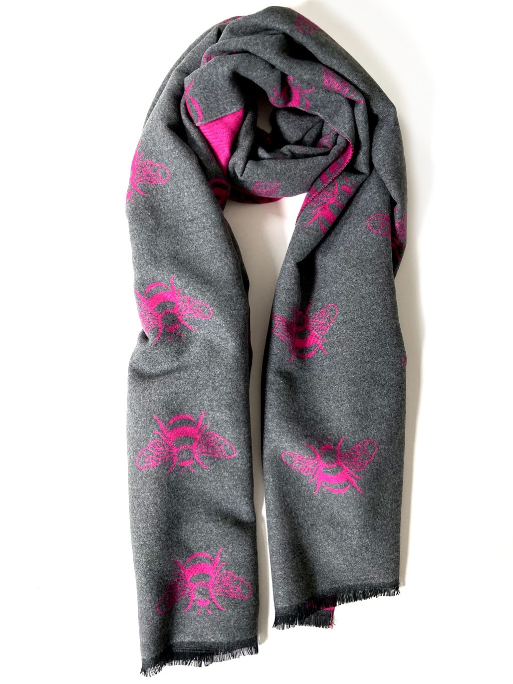 grey and neon pink bee scarf