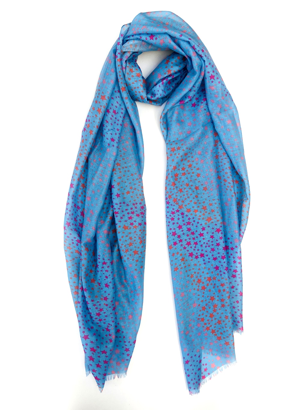 blue scarf with orange and pink small stars