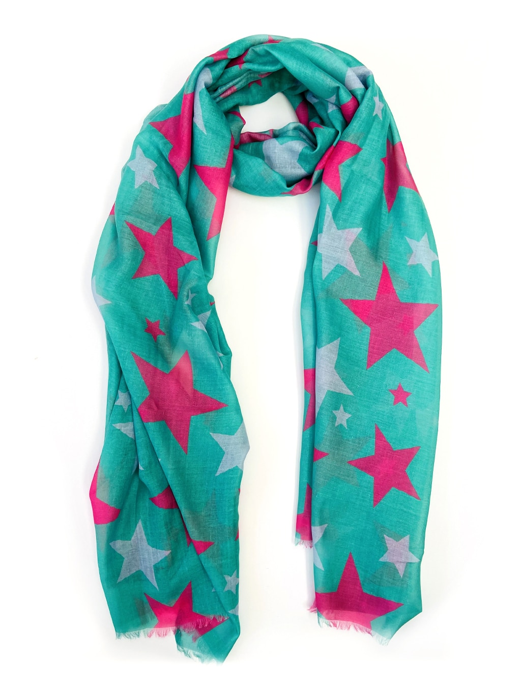 Teal scarf with large pink stars full length